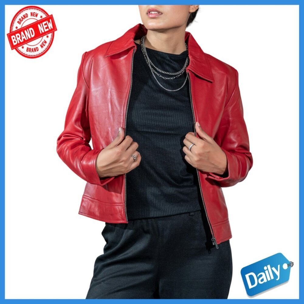 Women's Premium Lambskin Leather Jacket with Polo Collar and Quilted Lining